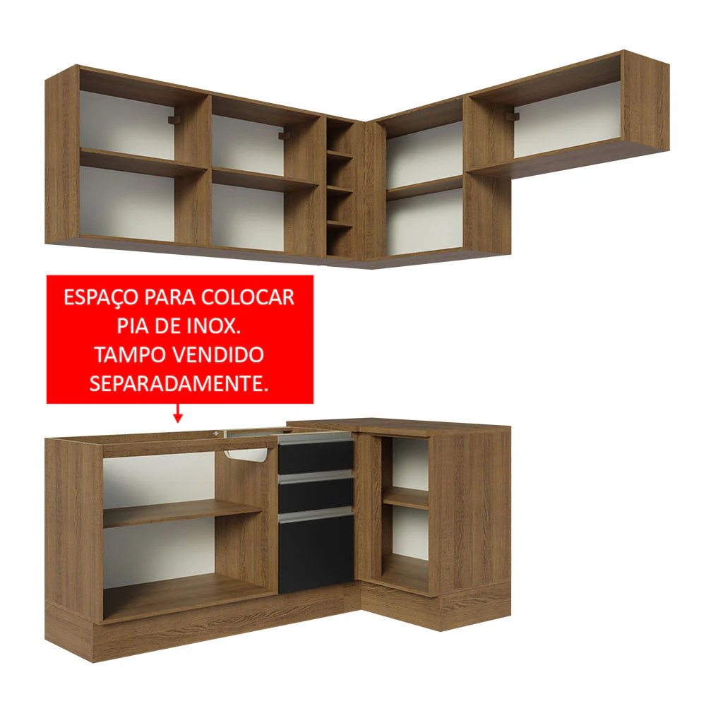 Armário de Cozinha Completa de Canto 349cm Rustic/Preto Glamy Madesa 07 - Image 5