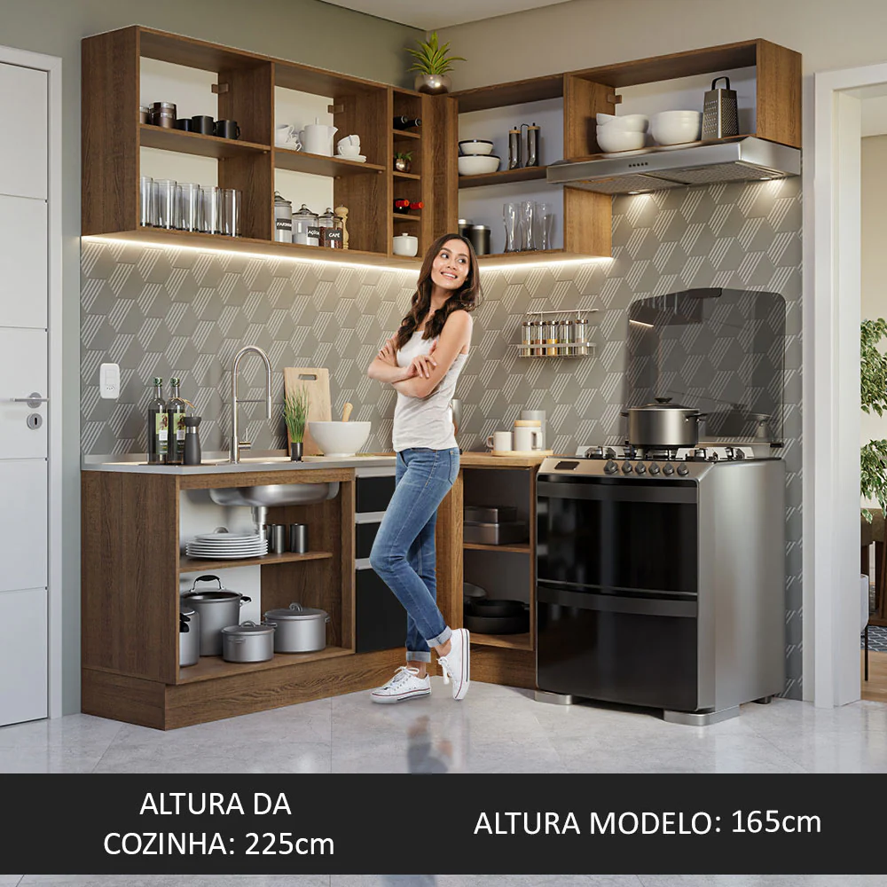 Armário de Cozinha Completa de Canto 349cm Rustic/Preto Glamy Madesa 07 - Image 6