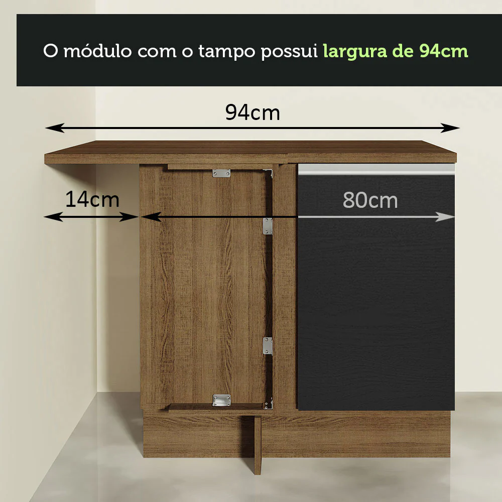 Armário de Cozinha Completa de Canto 349cm Rustic/Preto Glamy Madesa 07 - Image 9