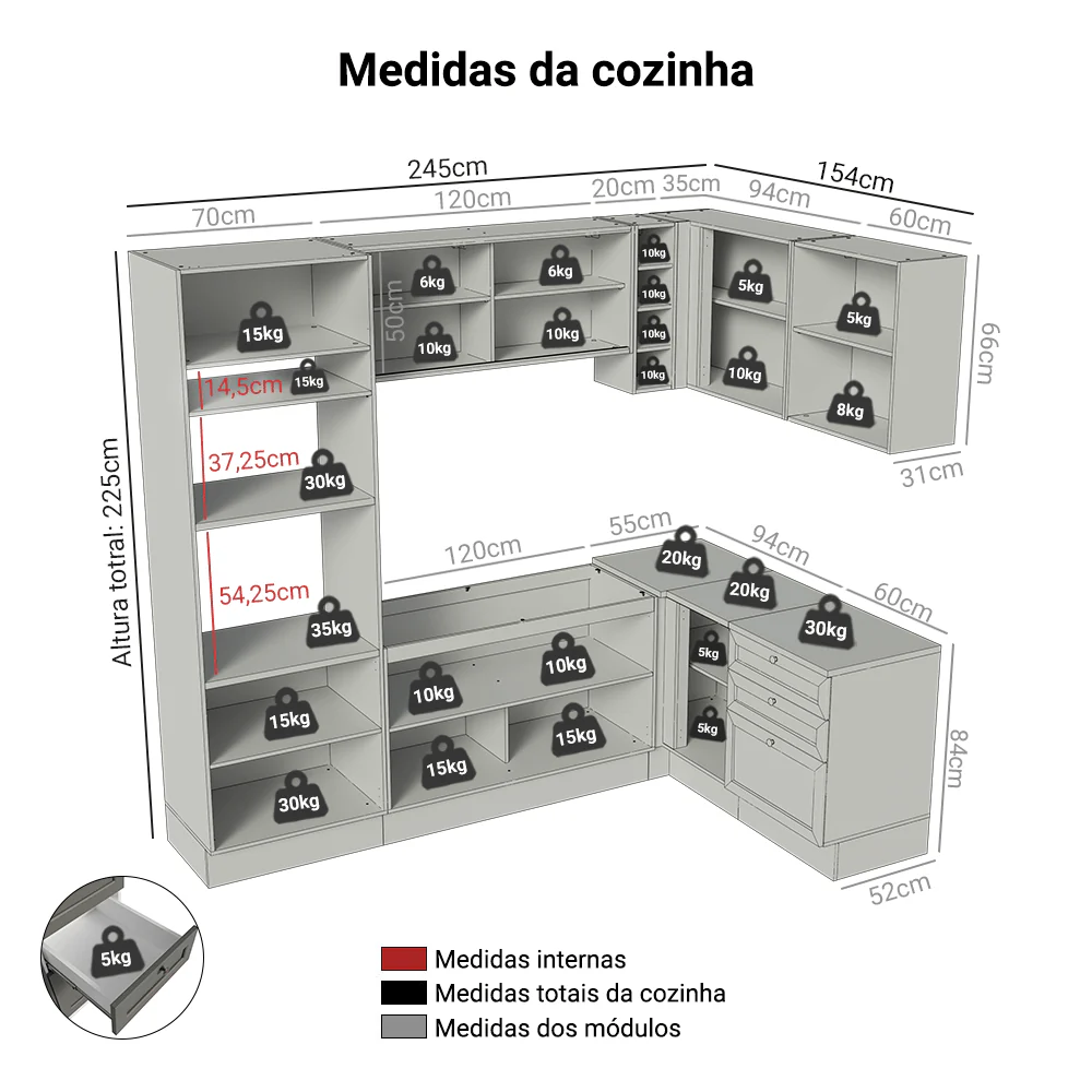 Armário de Cozinha Completa de Canto 399 cm Branco/Cinza Vik Madesa 02 - Image 3