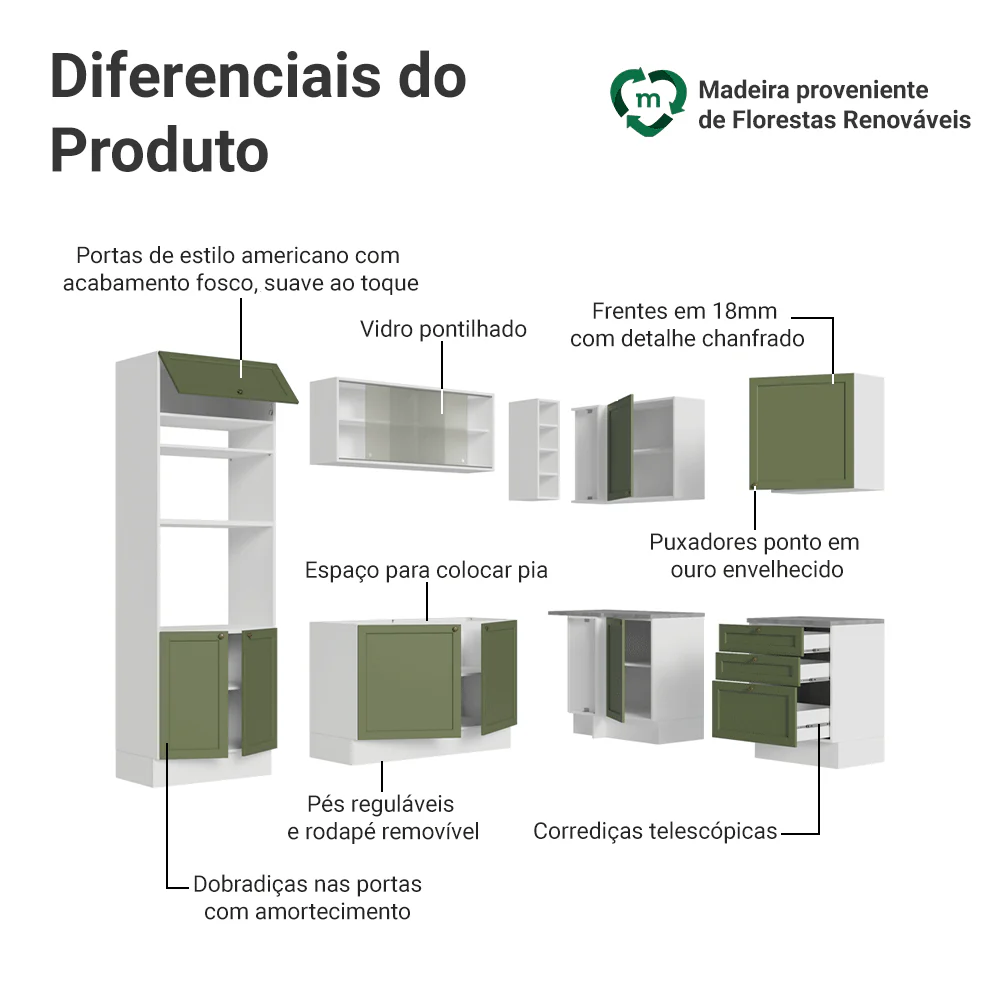 Armário de Cozinha Completa de Canto 399 cm Branco/Verde Vik Madesa 01 - Image 4