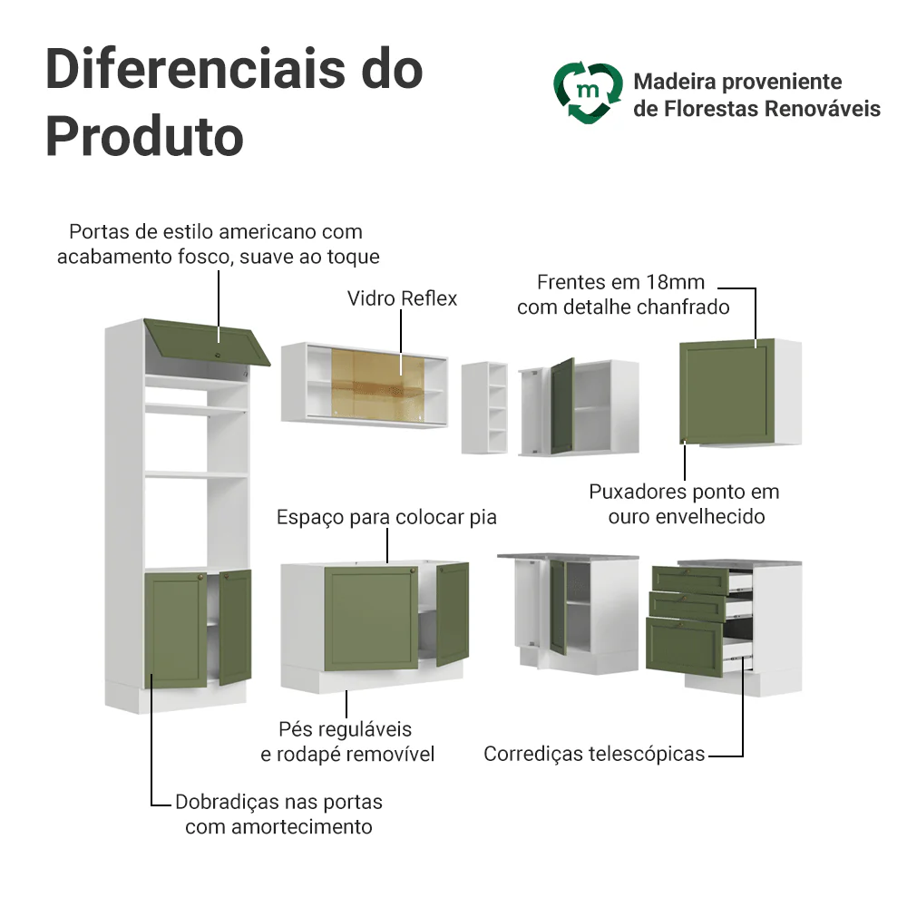 Armário de Cozinha Completa de Canto 399 cm Branco/Verde Vik Madesa 02 - Image 4