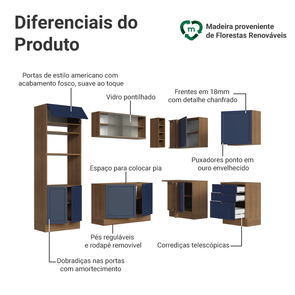 Armário de Cozinha Completa de Canto 399 cm Rustic/Azul Vik Madesa 01 - Image 4