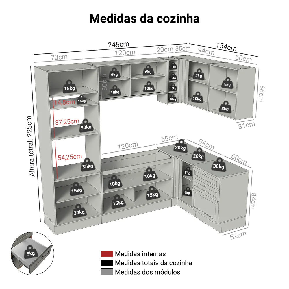 Armário de Cozinha Completa de Canto 399 cm Rustic/Cinza Vik Madesa 01 - Image 3