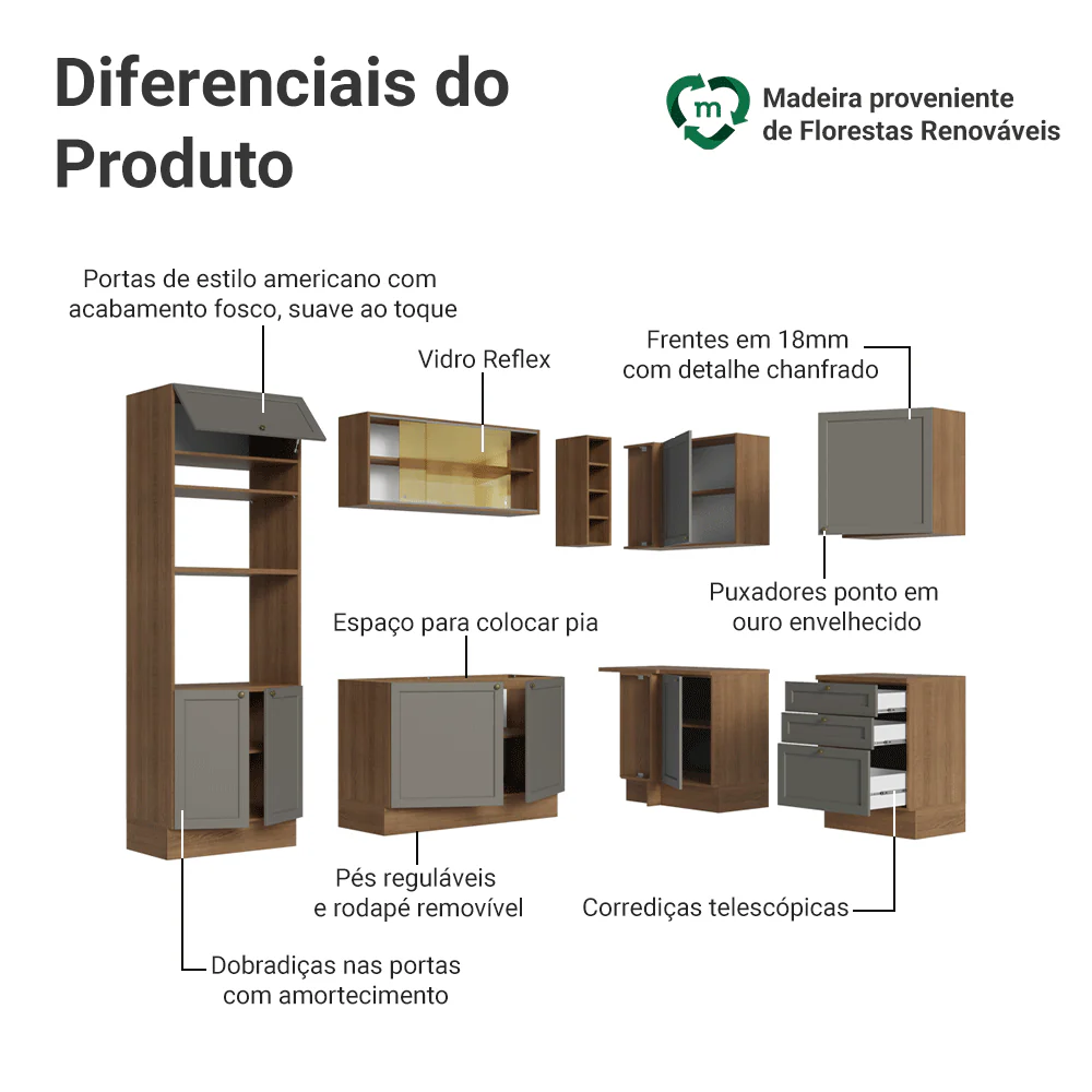 Armário de Cozinha Completa de Canto 399 cm Rustic/Cinza Vik Madesa 02 - Image 4