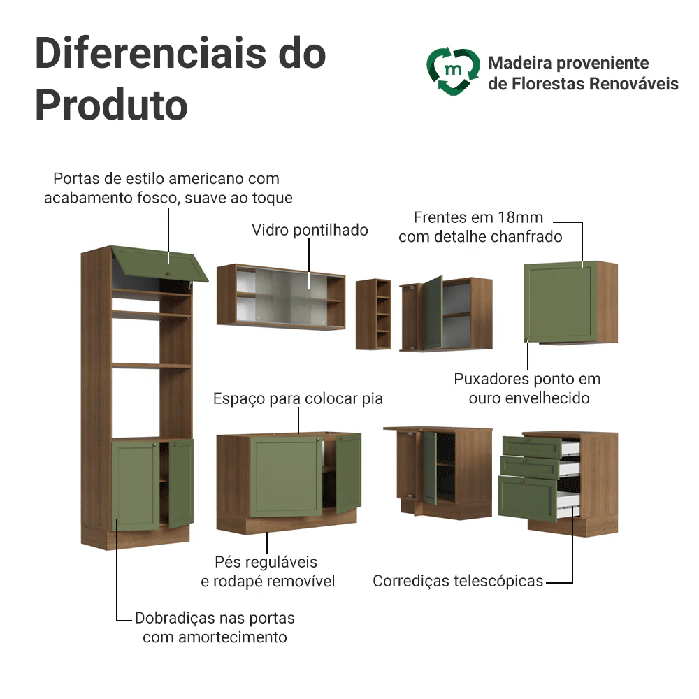 Armário de Cozinha Completa de Canto 399 cm Rustic/Verde Vik Madesa 01 - Image 4