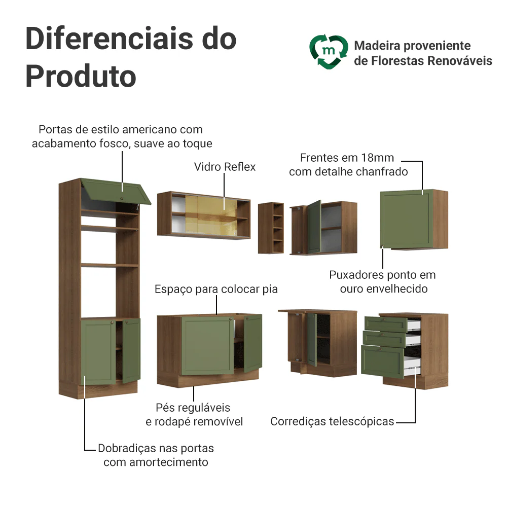 Armário de Cozinha Completa de Canto 399 cm Rustic/Verde Vik Madesa 02 - Image 4