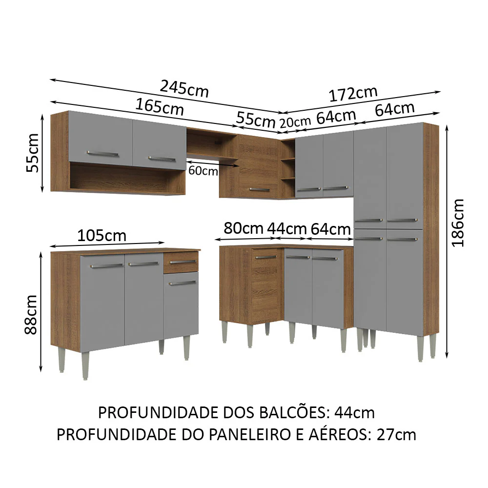 Armário de Cozinha Completa de Canto 417cm Cinza/Rustic Emilly Madesa 02 - Image 3