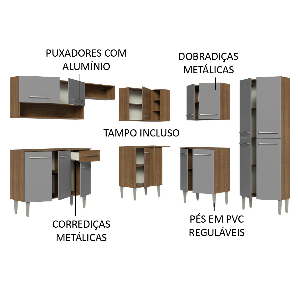 Armário de Cozinha Completa de Canto 417cm Cinza/Rustic Emilly Madesa 02 - Image 4