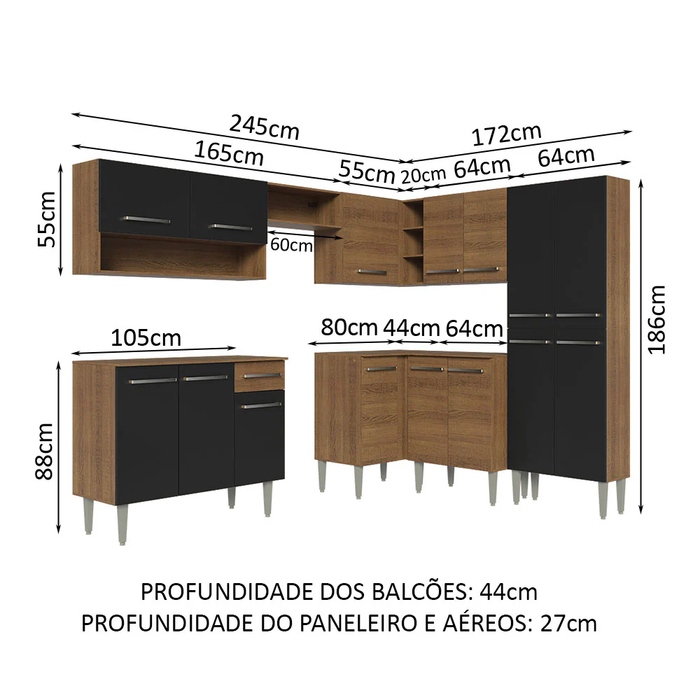 Armário de Cozinha Completa de Canto 417cm Preto/Rustic Emilly Madesa 02 - Image 3