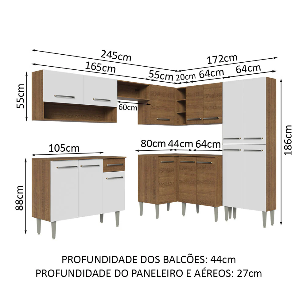 Armário de Cozinha Completa de Canto 417cm Rustic/Branco Emilly Madesa 02 - Image 3