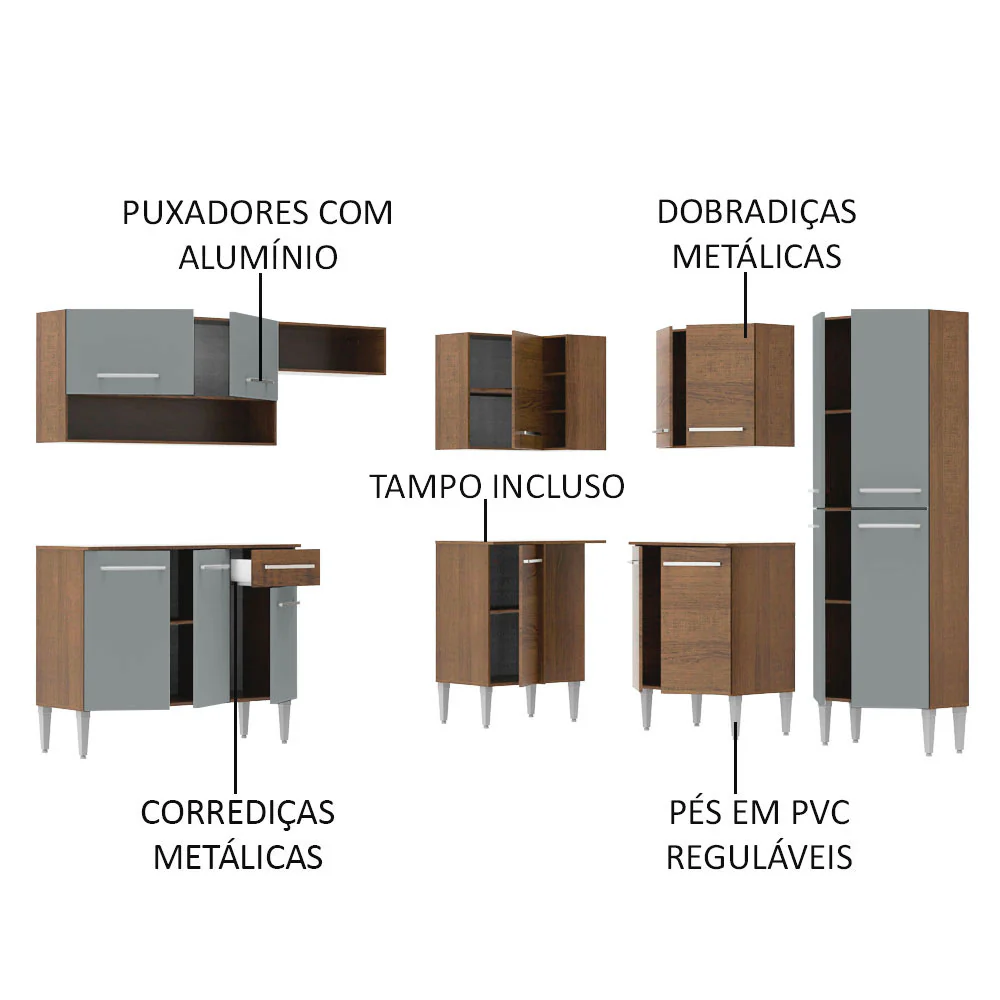 Armário de Cozinha Completa de Canto 417cm Rustic/Cinza Emilly Ice Madesa - Image 4