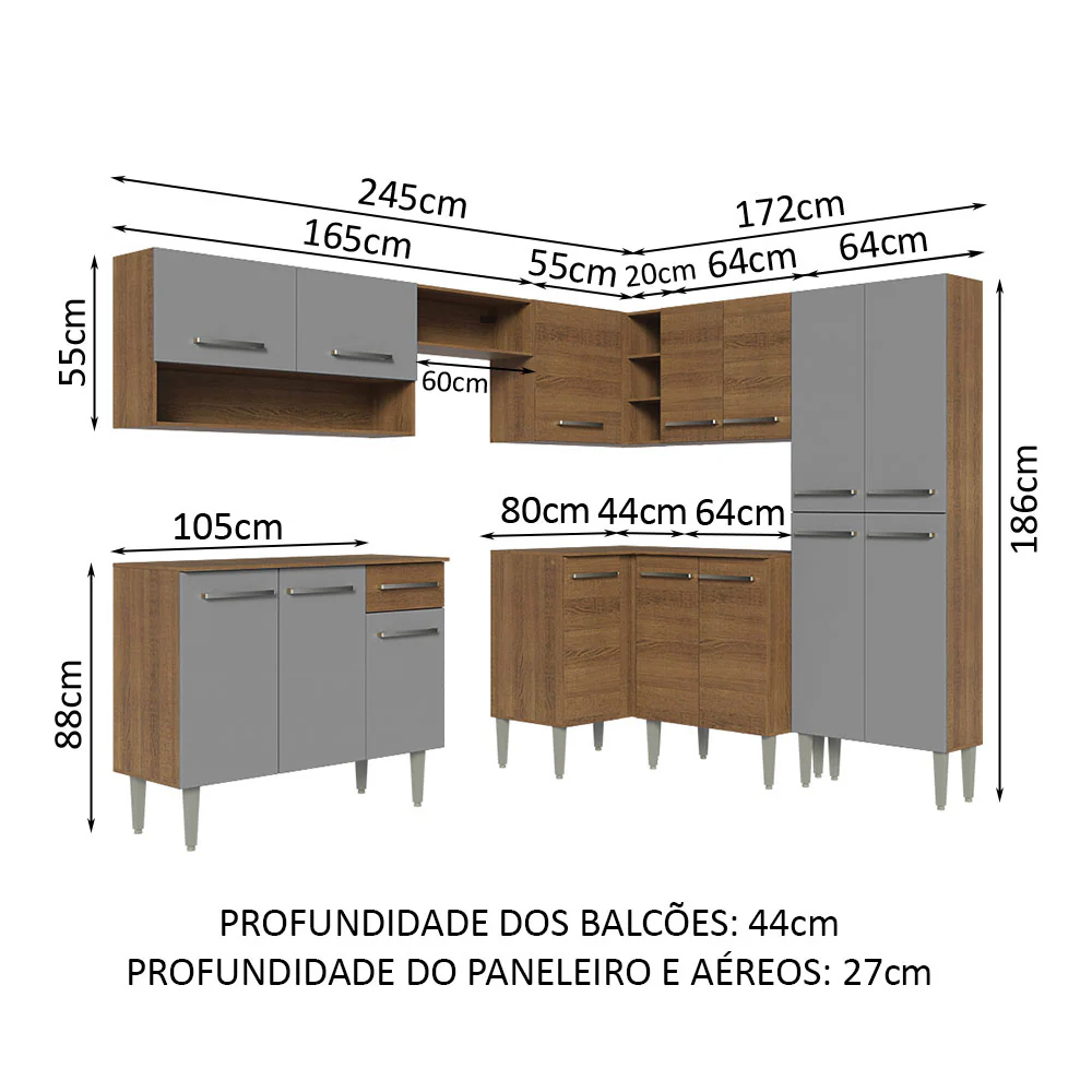 Armário de Cozinha Completa de Canto 417cm Rustic/Cinza Emilly Madesa 02 - Image 3