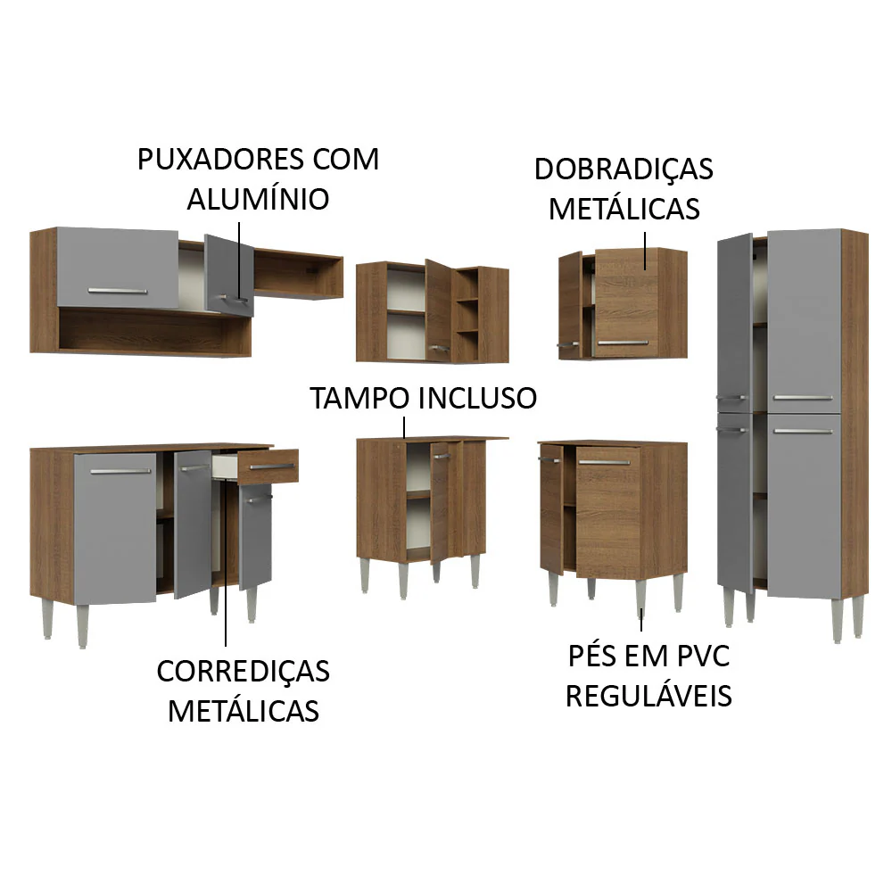 Armário de Cozinha Completa de Canto 417cm Rustic/Cinza Emilly Madesa 02 - Image 4