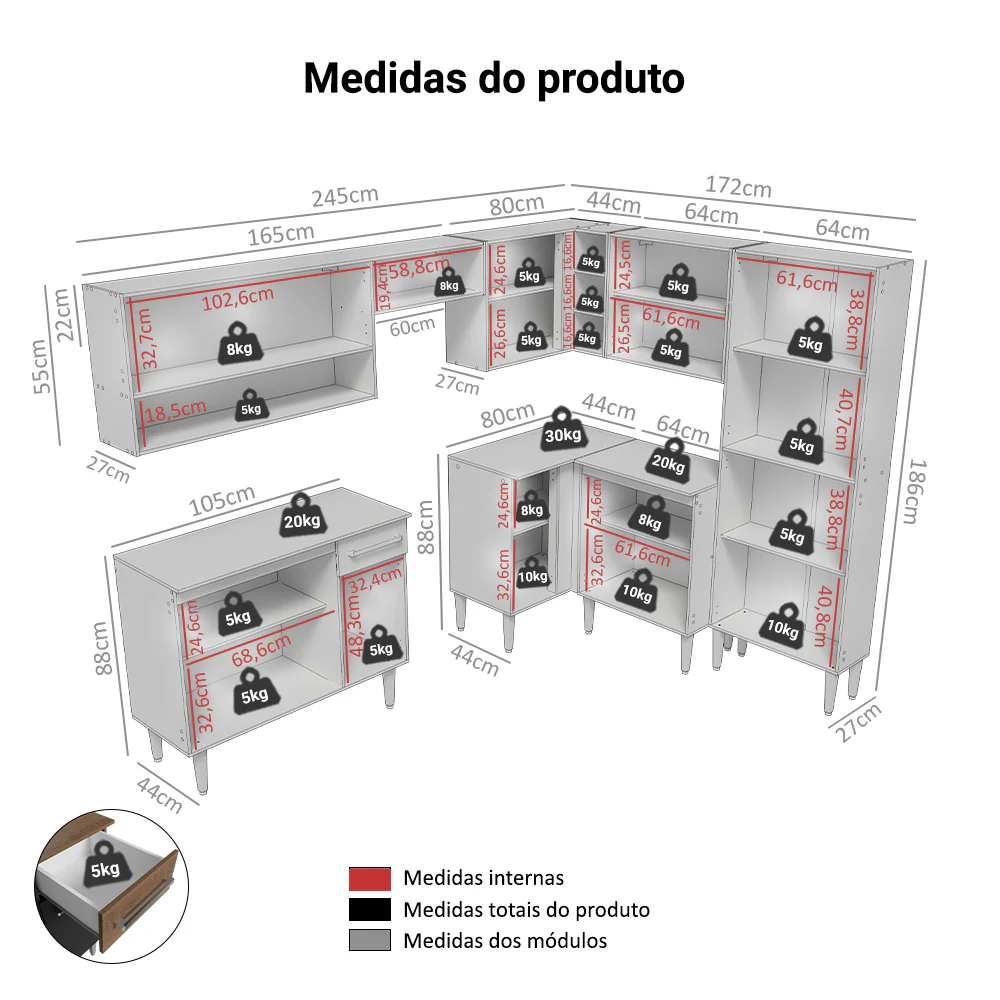 Armário de Cozinha Completa de Canto 417cm Rustic/Preto Emilly Madesa 02 - Image 3