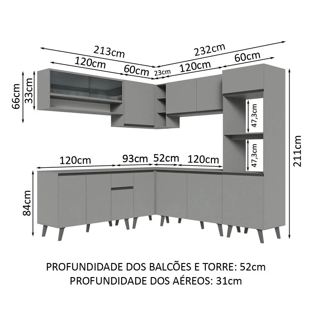 Armário de Cozinha Completa de Canto 445cm Cinza Nice Madesa 01 - Image 3