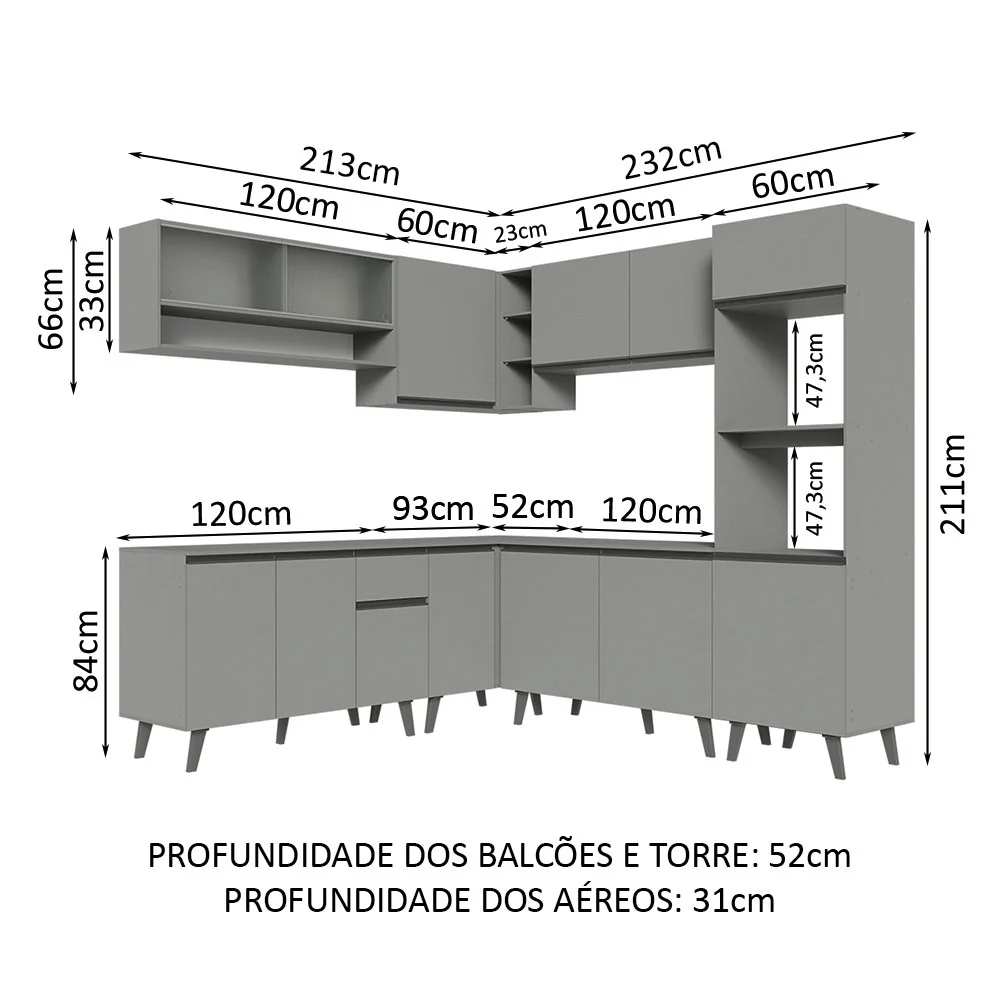 Armário de Cozinha Completa de Canto 445cm Cinza Nice Madesa 02 - Image 3