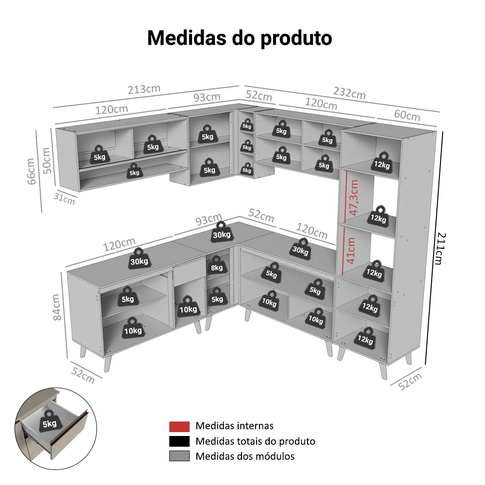 Armário de Cozinha Completa de Canto 445cm Crema Nice Madesa 01 - Image 3