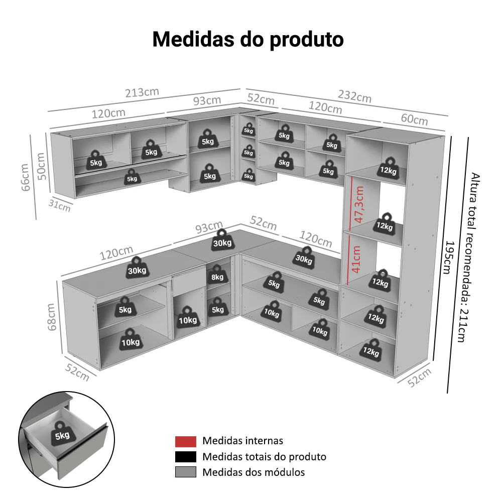 Armário de Cozinha Completa de Canto 445cm Suspensa Cinza Nice Madesa 04 - Image 3