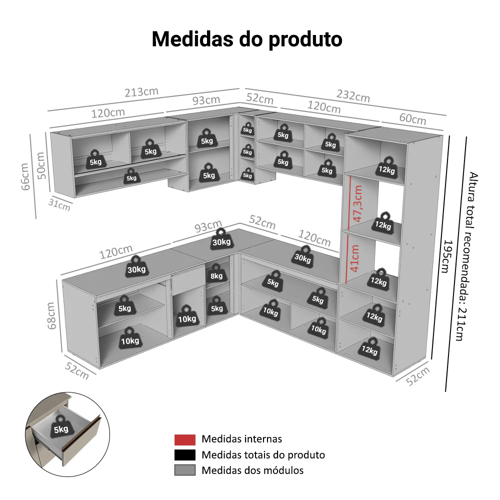 Armário de Cozinha Completa de Canto 445cm Suspensa Crema Nice Madesa 04 - Image 3