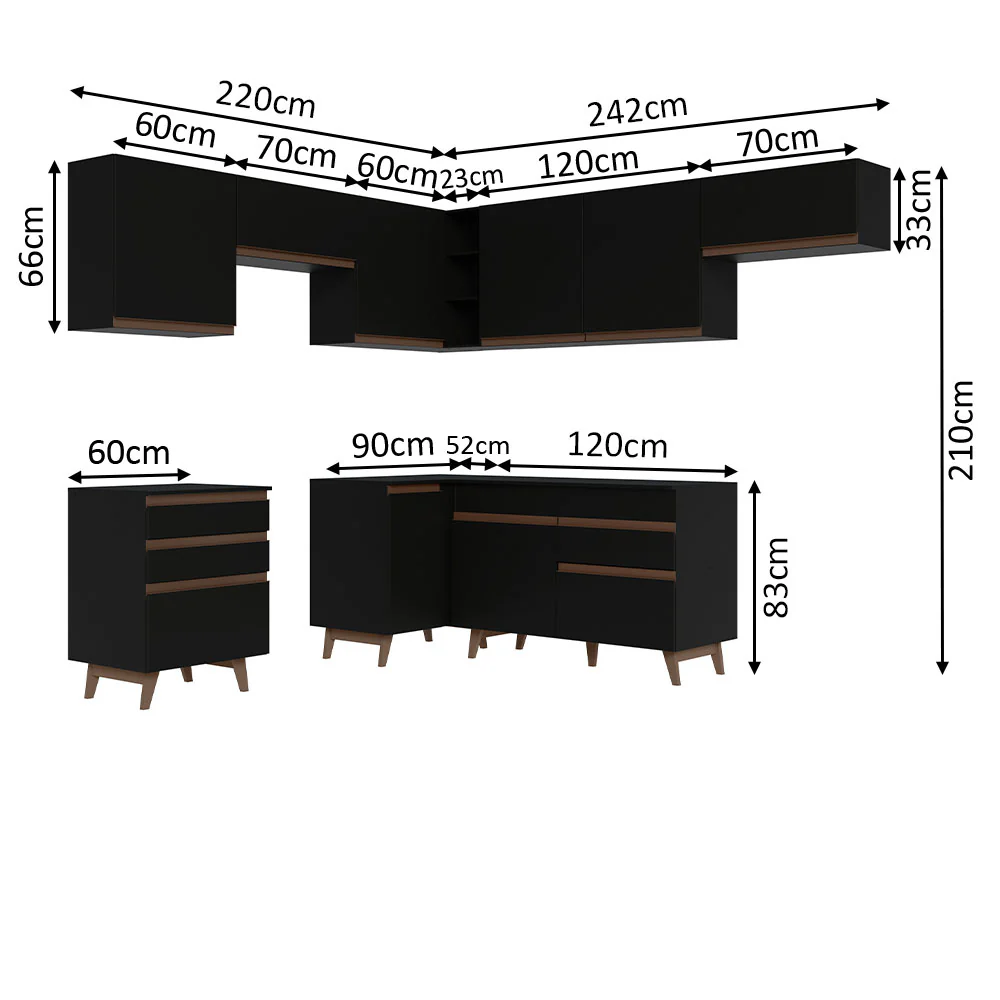 Armário de Cozinha Completa de Canto 462cm Preto Reims Madesa 03 - Image 3