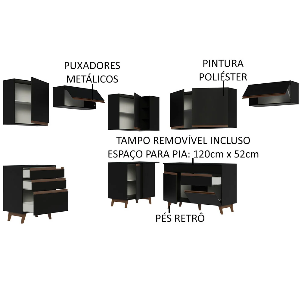 Armário de Cozinha Completa de Canto 462cm Preto Reims Madesa 03 - Image 4