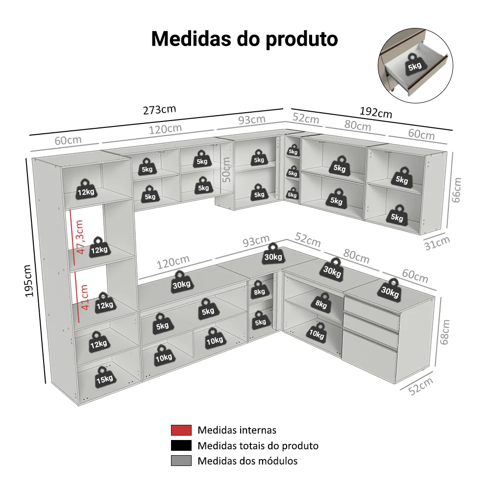 Armário de Cozinha Completa de Canto 465 cm Suspensa Crema Nice Madesa 10 - Image 3