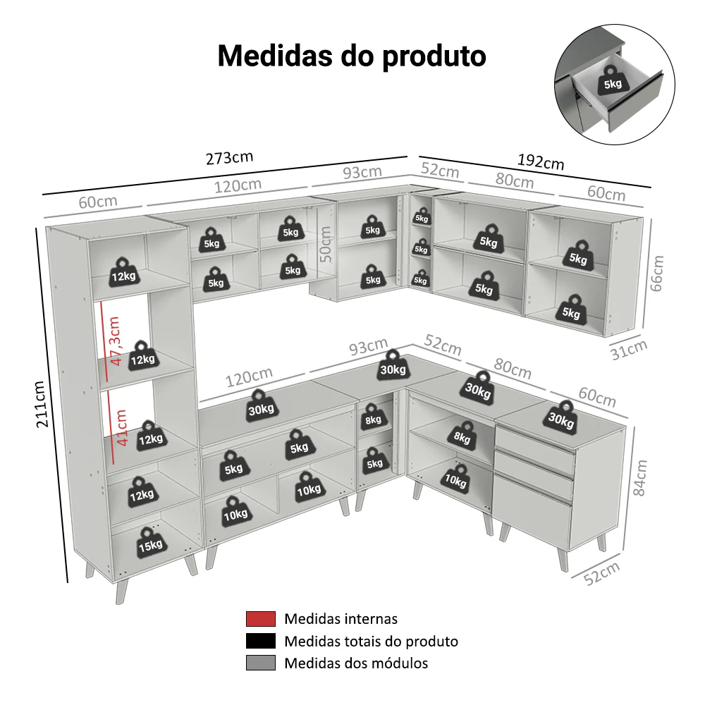 Armário de Cozinha Completa de Canto 465cm Cinza Nice Madesa 01 - Image 3