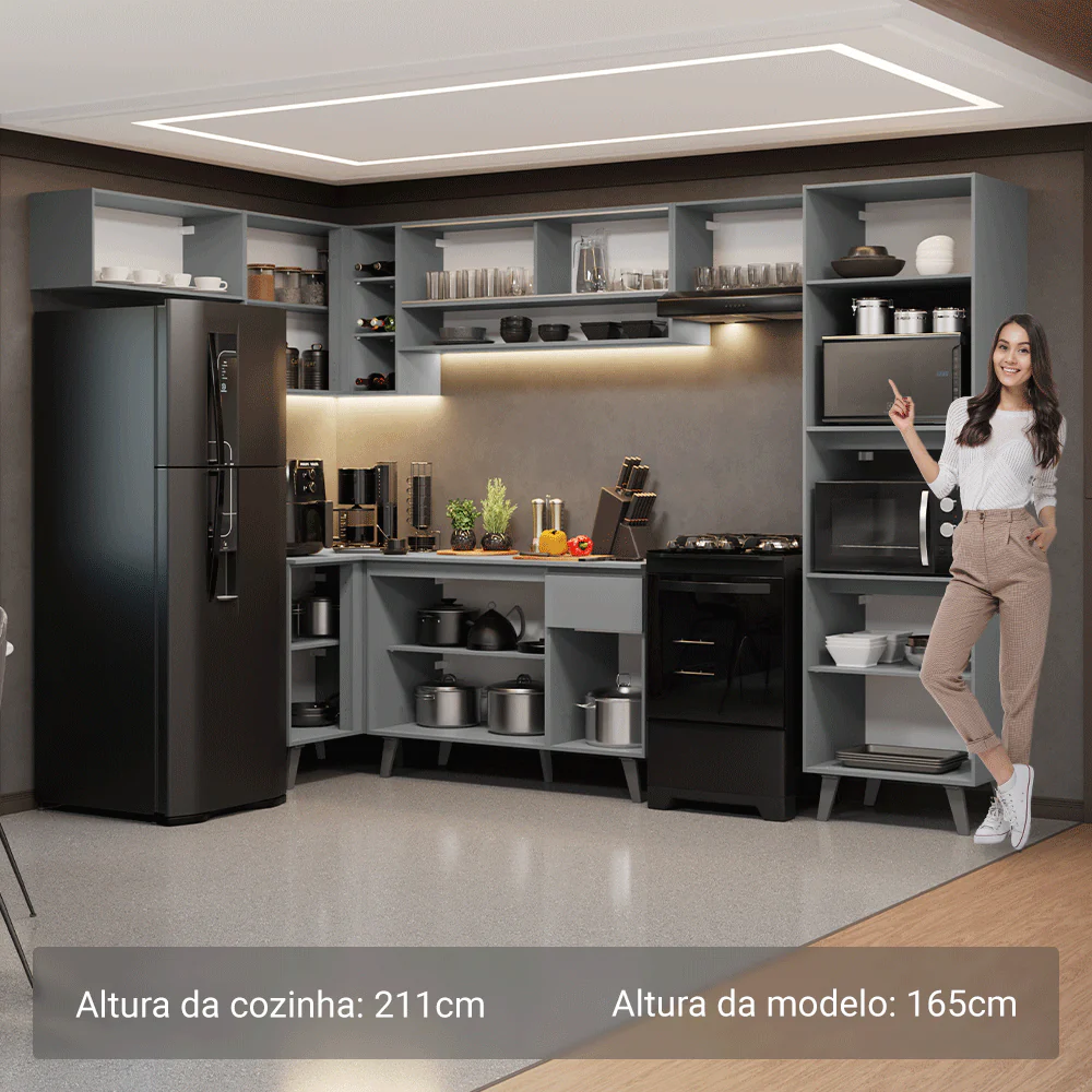 Armário de Cozinha Completa de Canto 465cm Cinza Nice Madesa 08 - Image 5