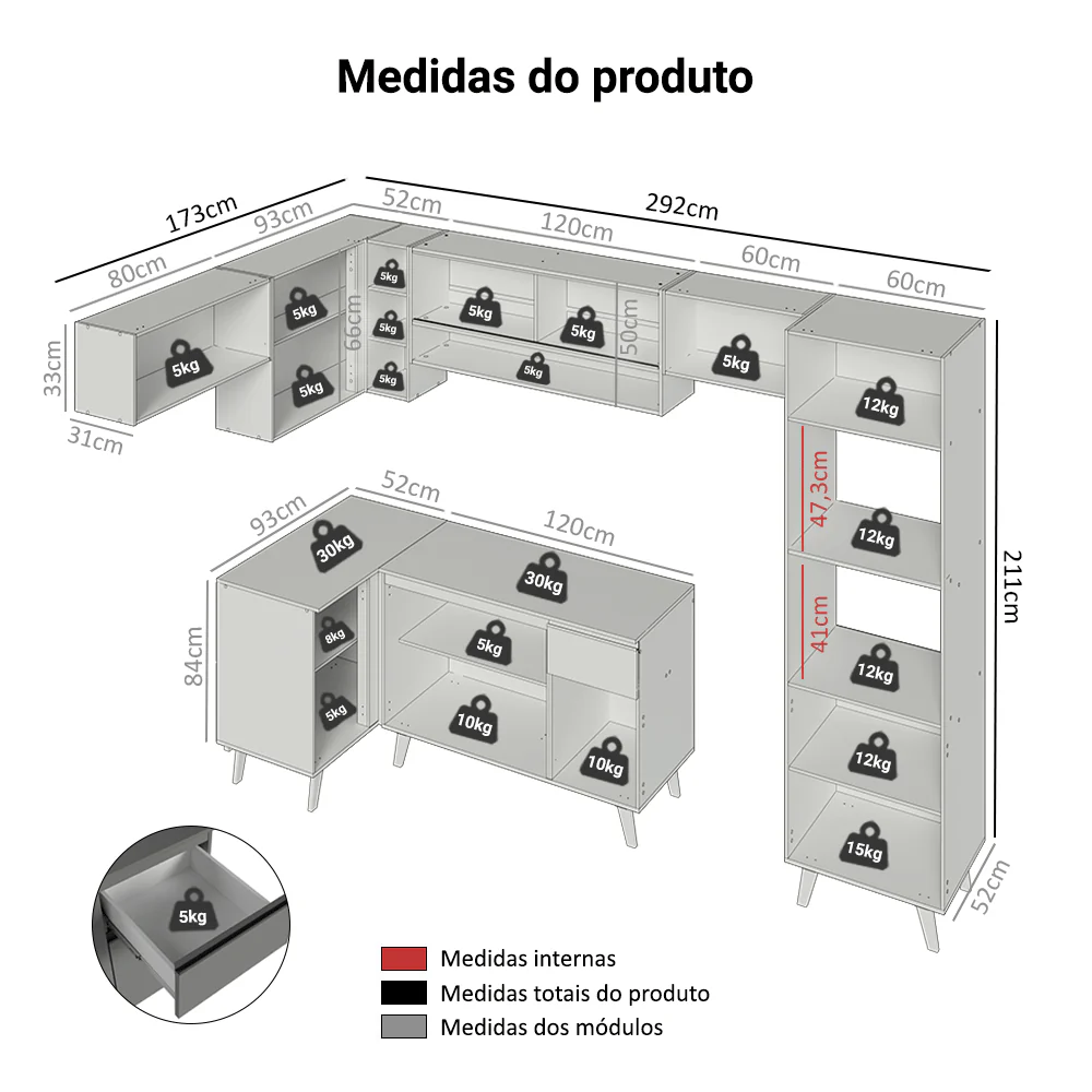 Armário de Cozinha Completa de Canto 465cm Cinza Nice Madesa 09 - Image 3