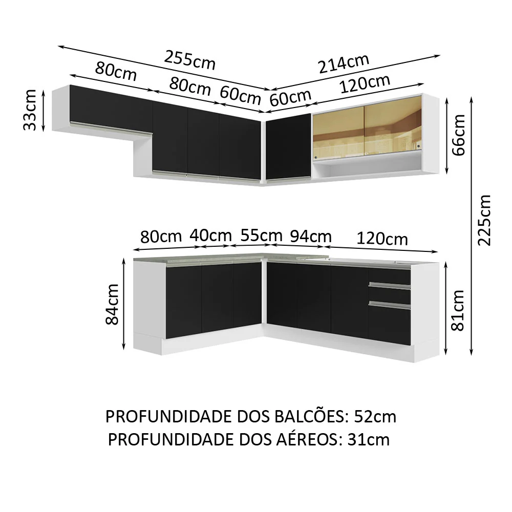 Armário de Cozinha Completa de Canto 469cm Branco/Preto Glamy Madesa 01 - Image 3