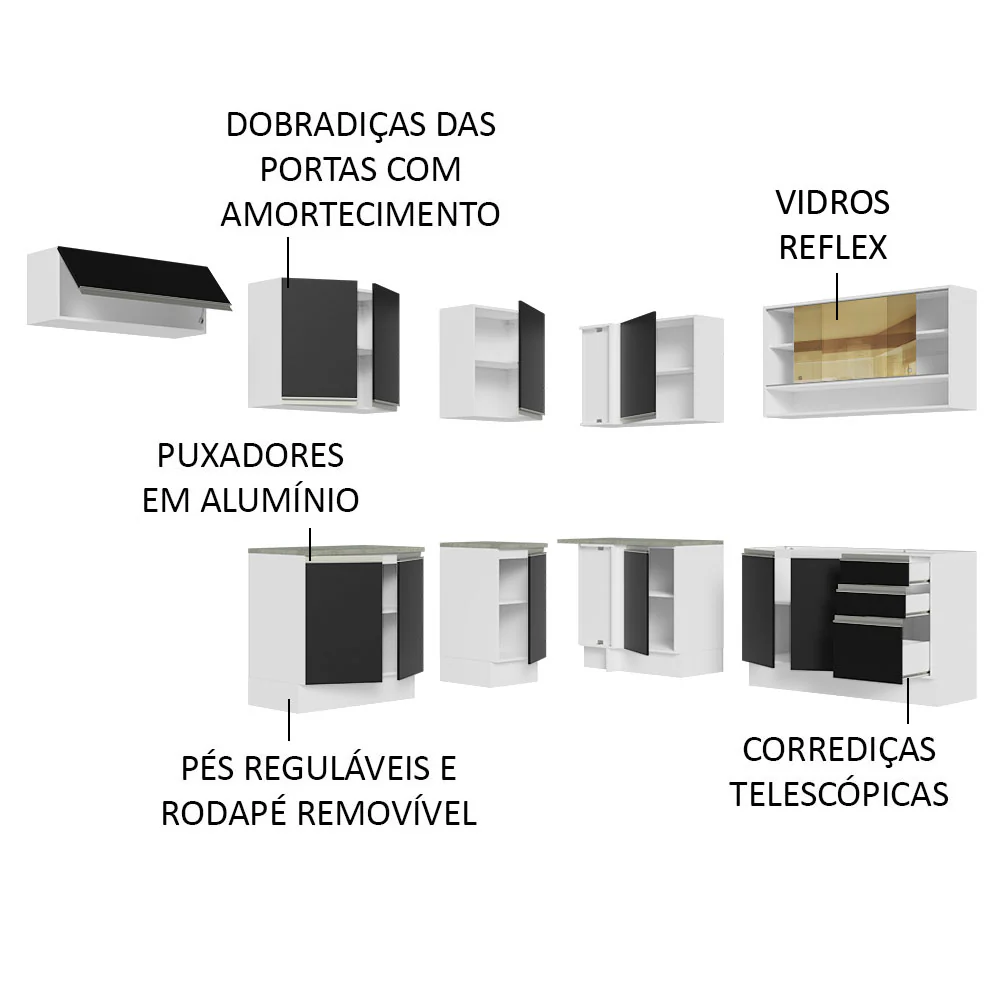 Armário de Cozinha Completa de Canto 469cm Branco/Preto Glamy Madesa 01 - Image 4