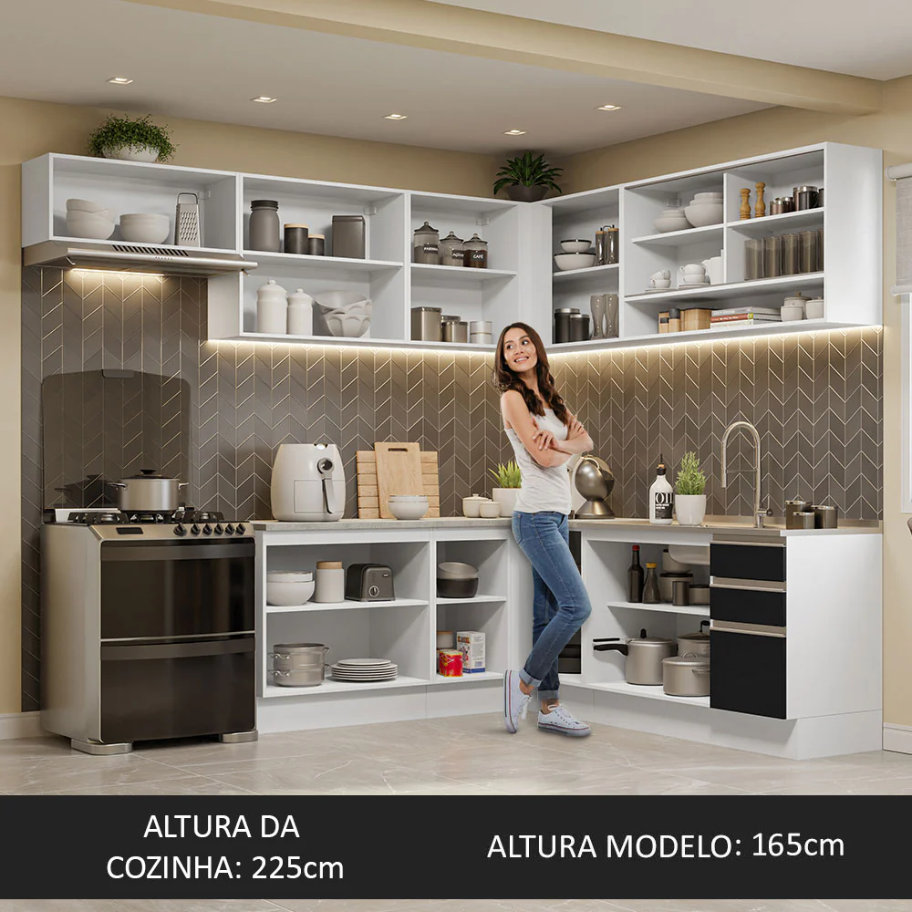 Armário de Cozinha Completa de Canto 469cm Branco/Preto Glamy Madesa 01 - Image 5