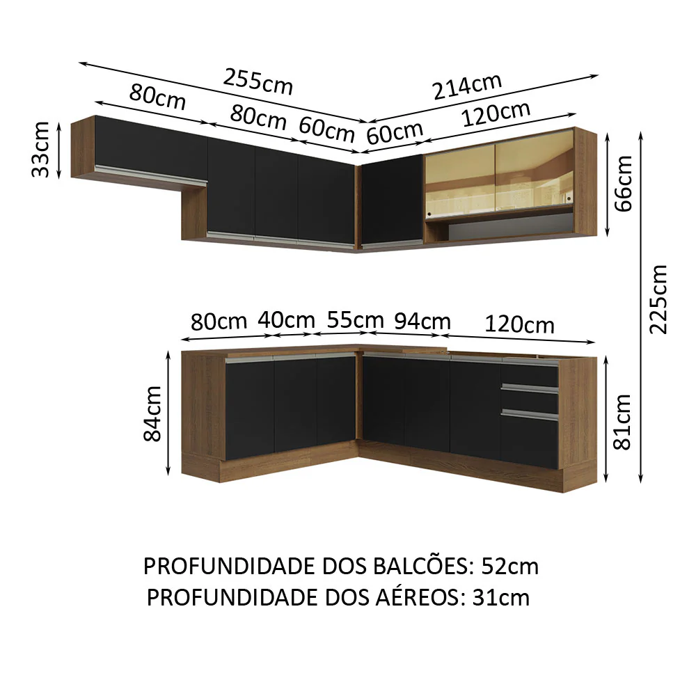 Armário de Cozinha Completa de Canto 469cm Rustic/Preto Glamy Madesa 01 - Image 3