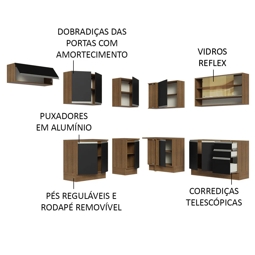 Armário de Cozinha Completa de Canto 469cm Rustic/Preto Glamy Madesa 01 - Image 4