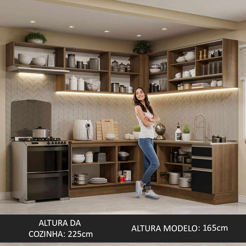 Armário de Cozinha Completa de Canto 469cm Rustic/Preto Glamy Madesa 01 - Image 5