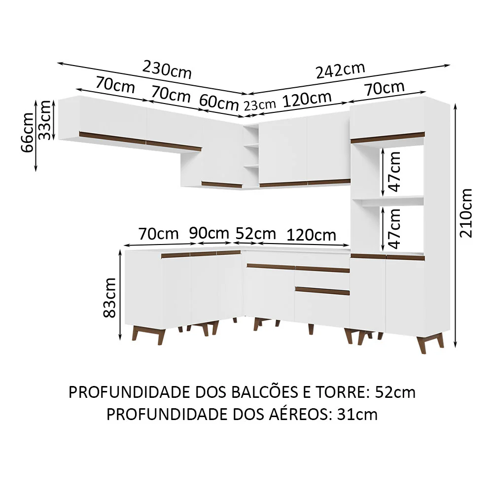 Armário de Cozinha Completa de Canto 472cm Branco Reims Madesa 01 - Image 3
