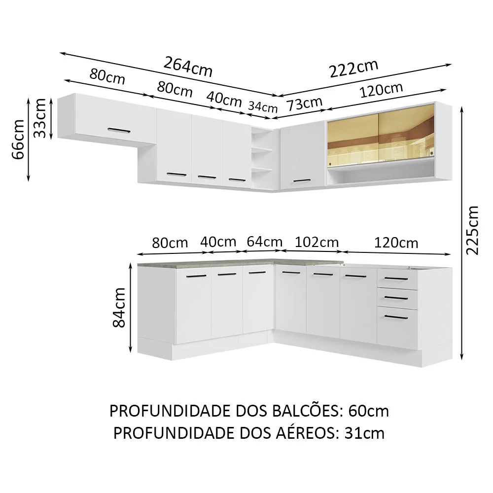 Armário de Cozinha Completa de Canto 486cm Branco 60cm de Profundidade Agata Madesa 01 - Image 3