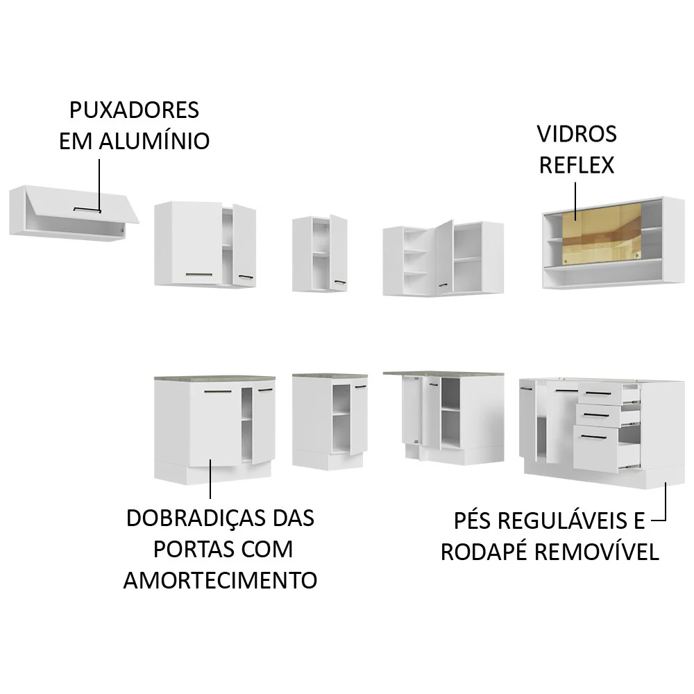 Armário de Cozinha Completa de Canto 486cm Branco 60cm de Profundidade Agata Madesa 01 - Image 4