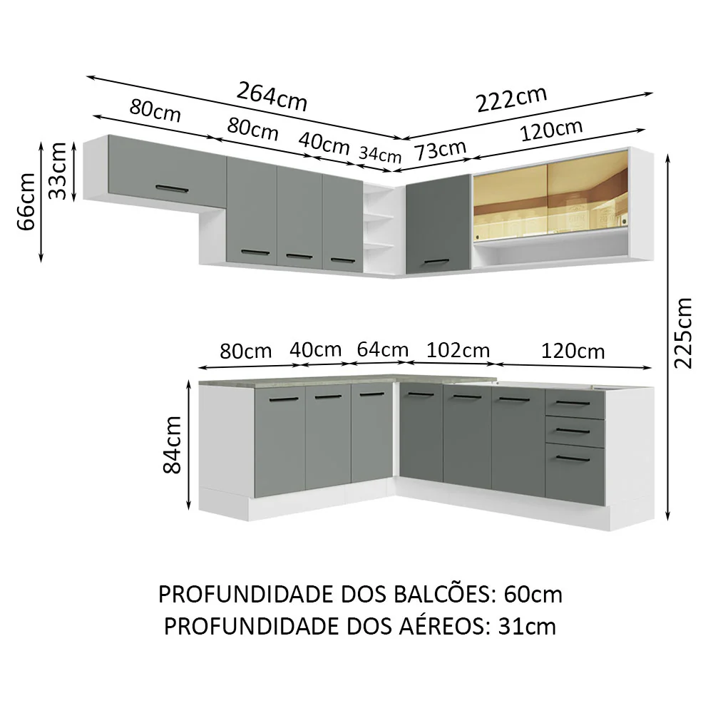 Armário de Cozinha Completa de Canto 486cm Branco/Cinza 60cm de Profundidade Agata Madesa 01 - Image 3