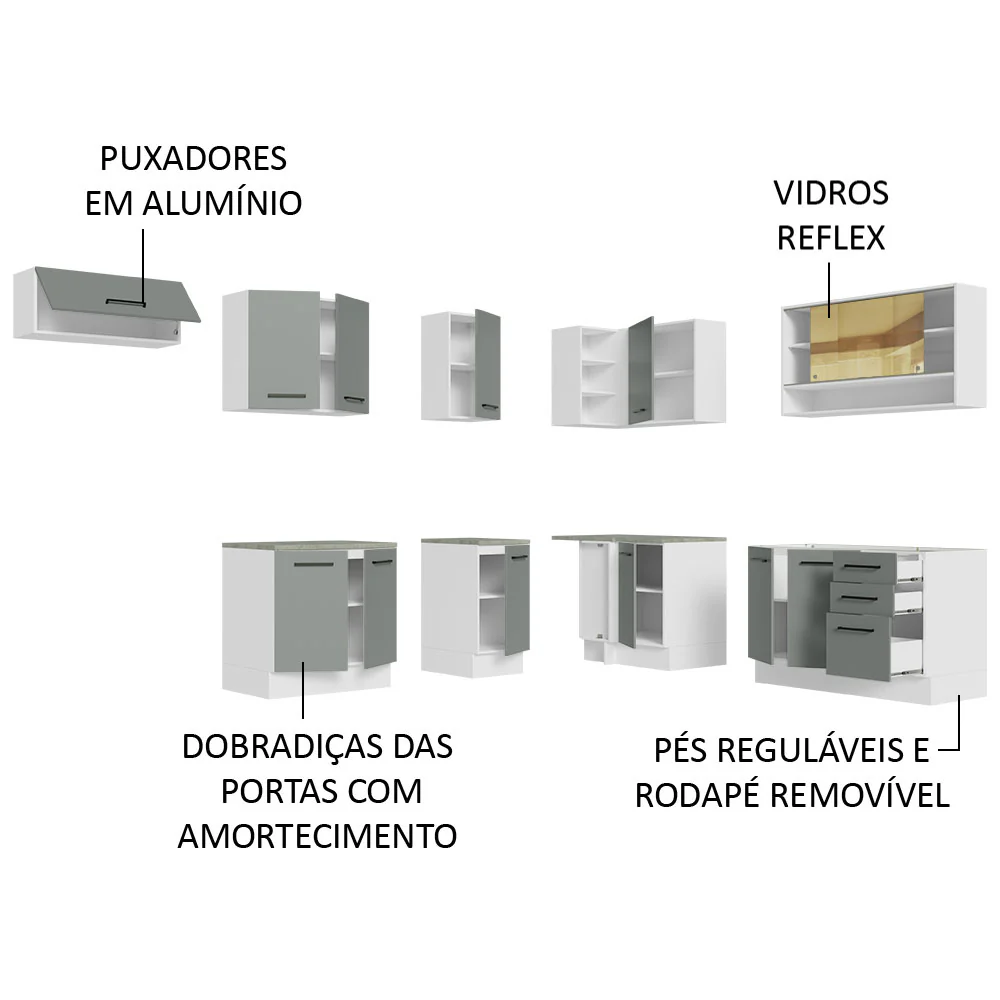 Armário de Cozinha Completa de Canto 486cm Branco/Cinza 60cm de Profundidade Agata Madesa 01 - Image 4
