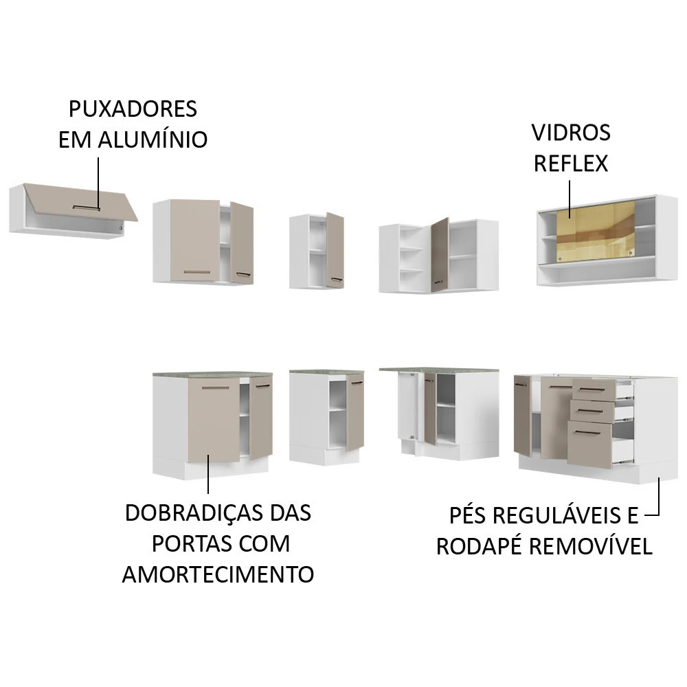 Armário de Cozinha Completa de Canto 486cm Branco/Crema 60cm de Profundidade Agata Madesa 01 - Image 4