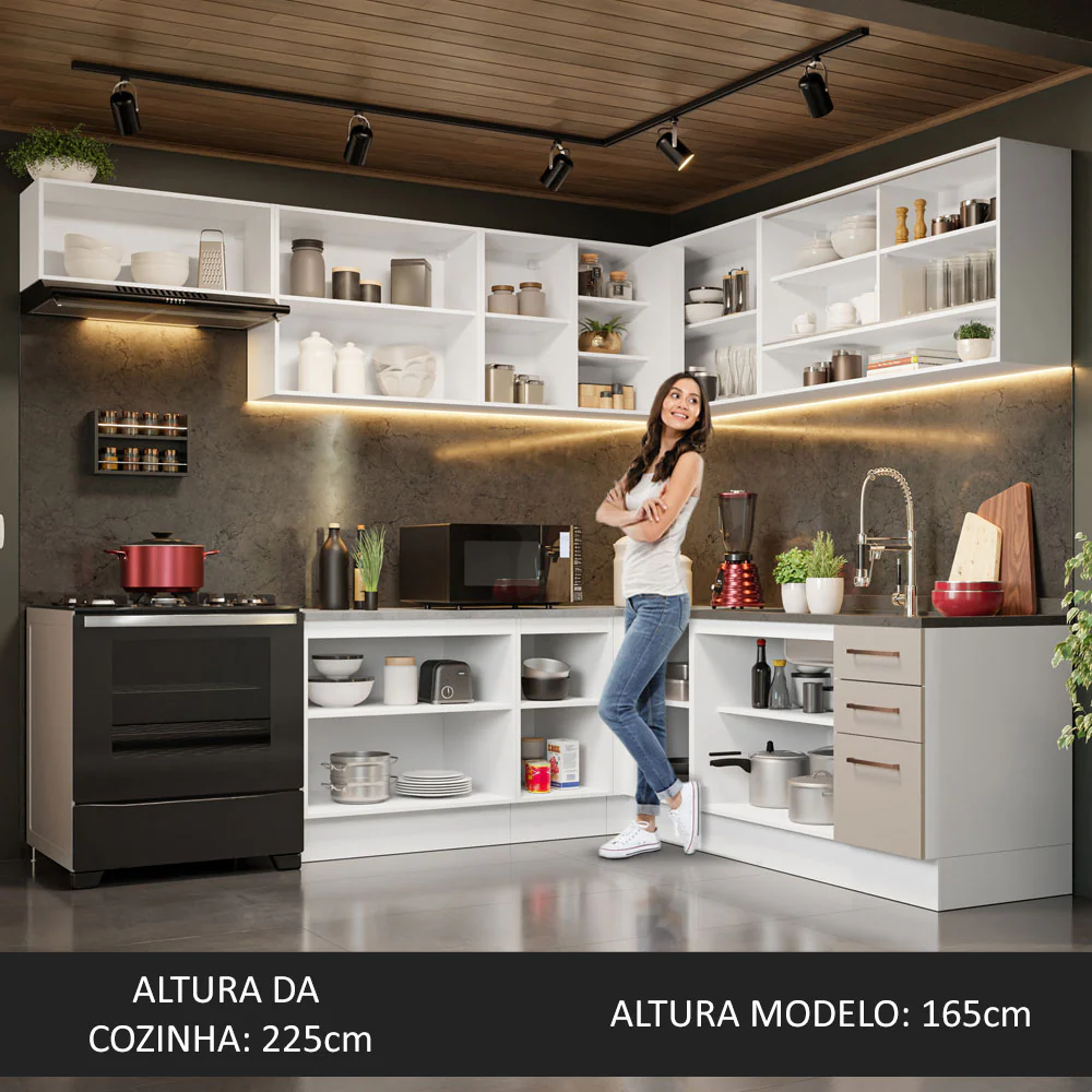 Armário de Cozinha Completa de Canto 486cm Branco/Crema 60cm de Profundidade Agata Madesa 01 - Image 5