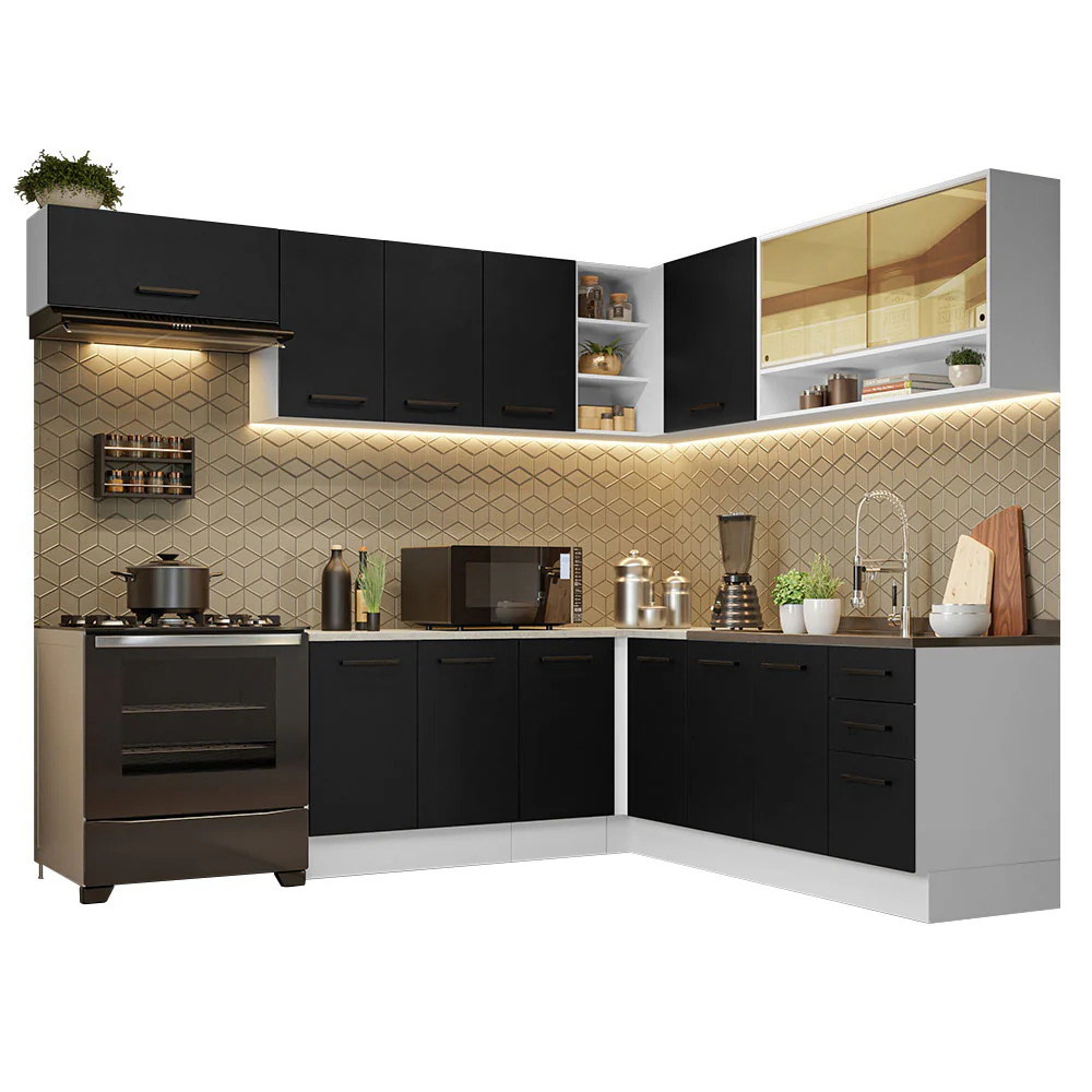 Armário de Cozinha Completa de Canto 486cm Branco/Preto 60cm de Profundidade Agata Madesa 01 - Image 2