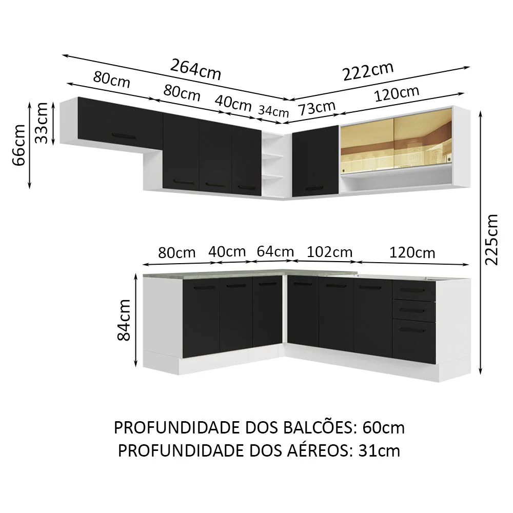 Armário de Cozinha Completa de Canto 486cm Branco/Preto 60cm de Profundidade Agata Madesa 01 - Image 3
