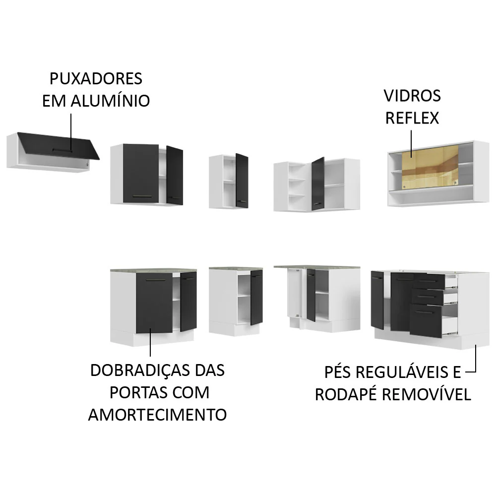 Armário de Cozinha Completa de Canto 486cm Branco/Preto 60cm de Profundidade Agata Madesa 01 - Image 4