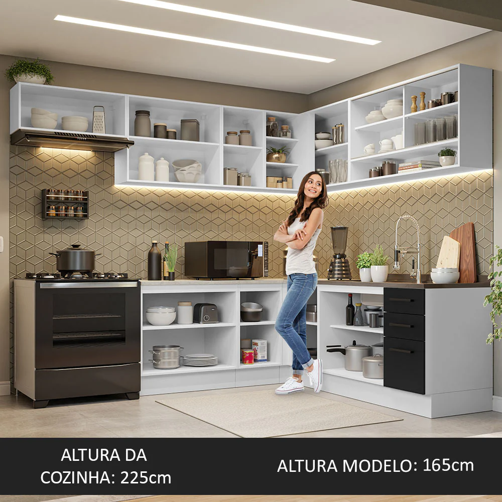 Armário de Cozinha Completa de Canto 486cm Branco/Preto 60cm de Profundidade Agata Madesa 01 - Image 5