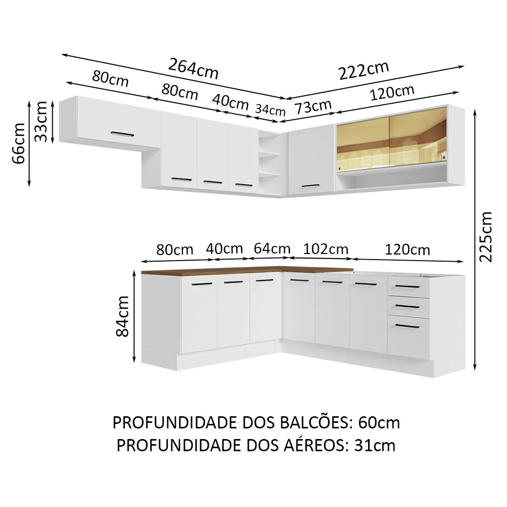 Armário de Cozinha Completa de Canto 486cm Branco Tampo Rustic 60cm de Profundidade Agata Madesa 01 - Image 3