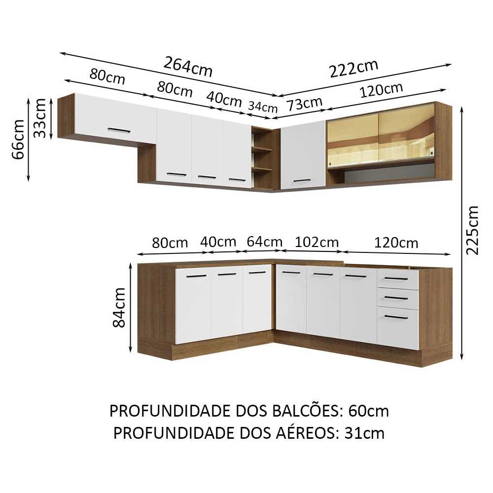 Armário de Cozinha Completa de Canto 486cm Rustic/Branco 60cm de Profundidade Agata Madesa 01 - Image 3