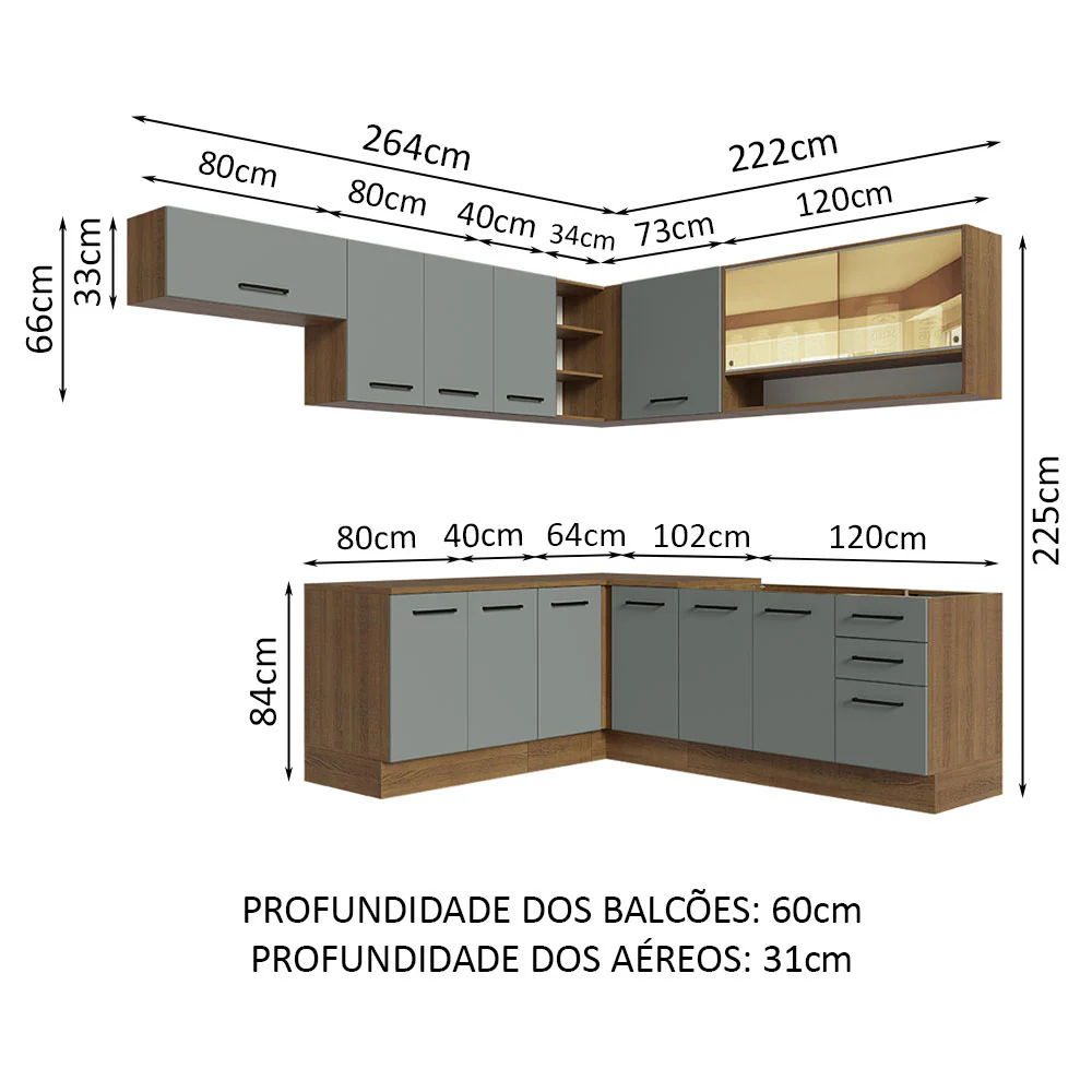 Armário de Cozinha Completa de Canto 486cm Rustic/Cinza 60cm de Profundidade Agata Madesa 01 - Image 3